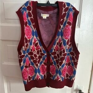 Anthropologie Maeve V-Neck Sweater Vest - Burgundy, Pink, and Blue - XL